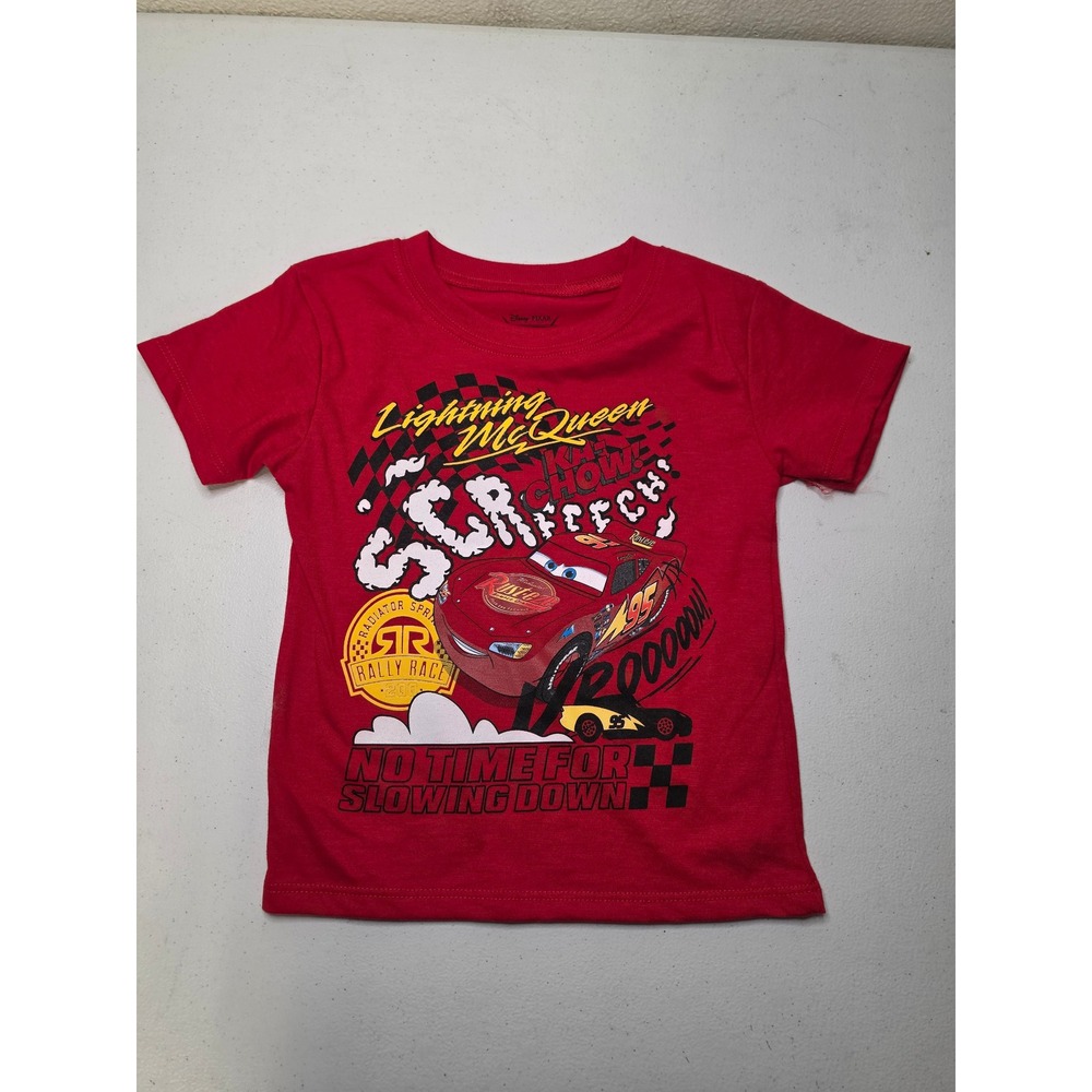 Disney Pixar Cars Lightning McQueen Red Rally Race Graphic Tee Shirt Kids 3T